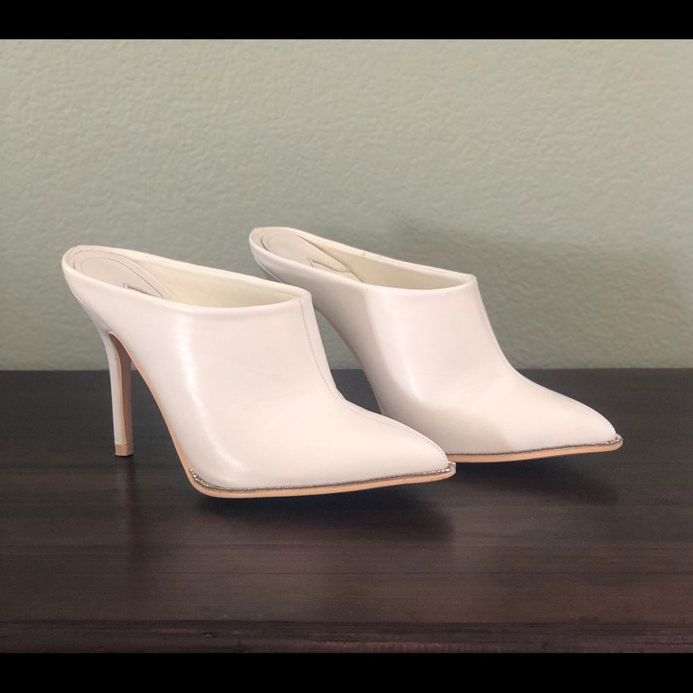 White heeled Mules with diamanté trim. Size 8